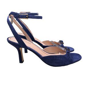 Cole Haan Annalise 7B Ankle Strap Blue Suede 3” Sandal Heel Buckle Brunch Preppy